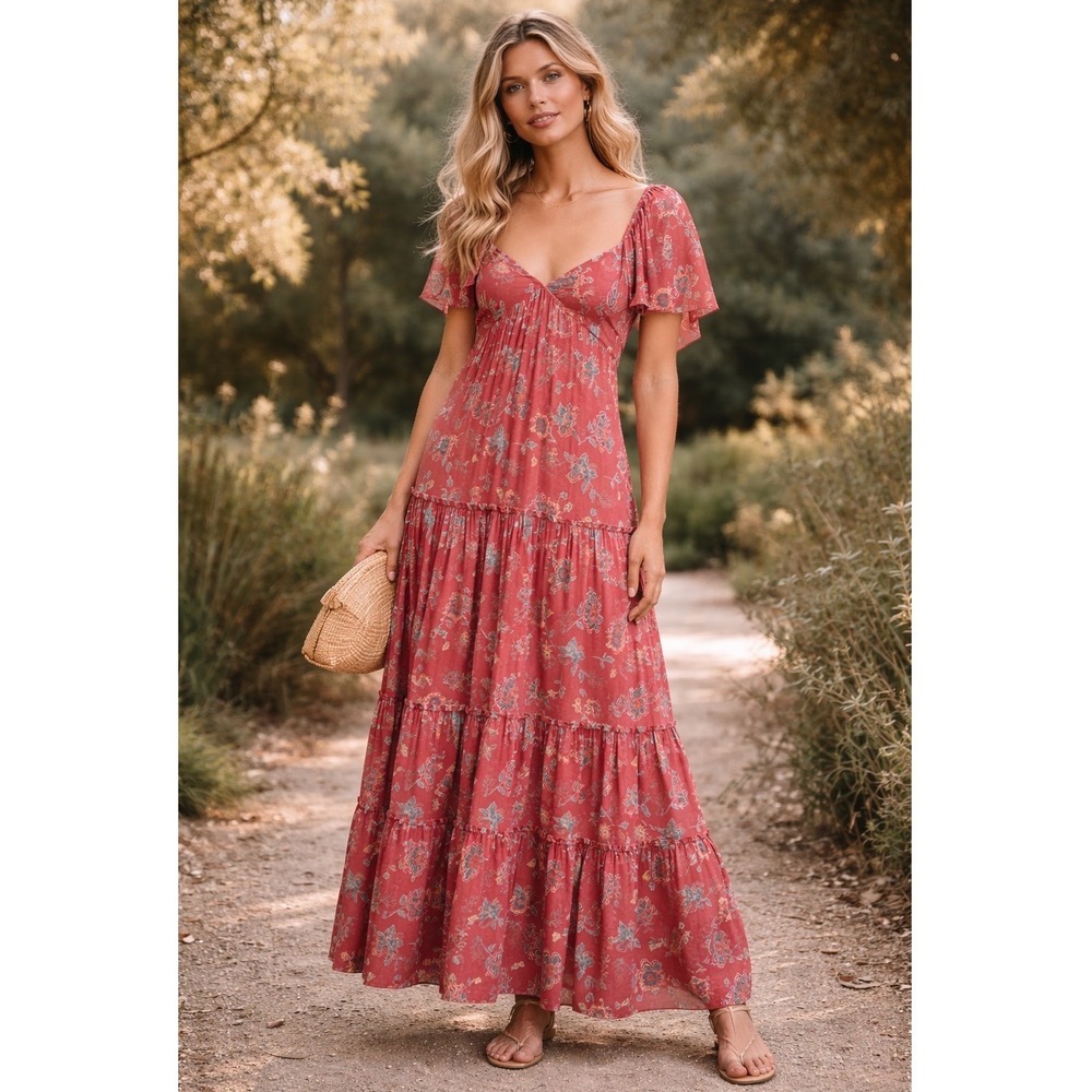 Sachin & Babi Kara Floral Tiered Maxi Dress Womens 8 Red Excellent Smocked Boho